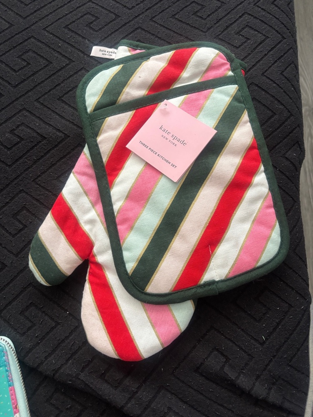 kate spade striped oven mitt and potholder in red, pink, mint and forest green